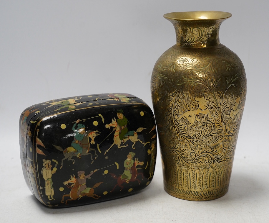 A Persian paper mache box and a brass vase with engraved decoration, largest 17cm high. Condition - vase fair, box restored